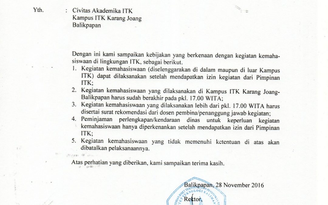Pemberitahuan Terkait Kegiatan Kemahasiswaan ITK