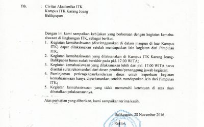 Pemberitahuan Terkait Kegiatan Kemahasiswaan ITK