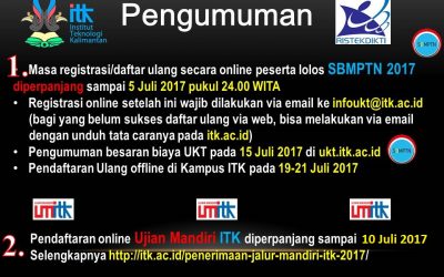 Perpanjangan Masa Registrasi SBMPTN dan Ujian Mandiri ITK 2017