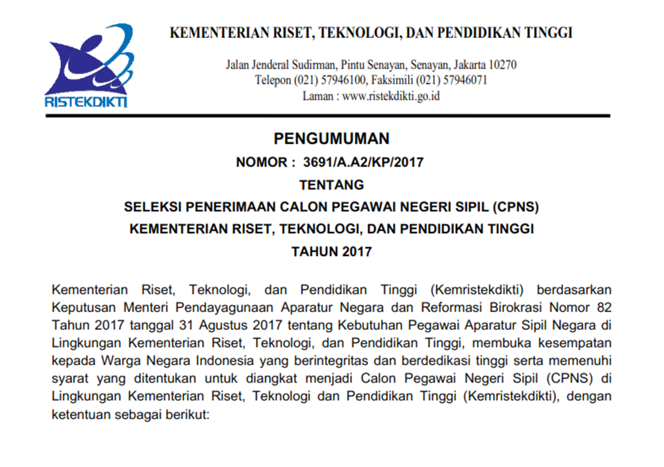 Pengumuman CPNS Kementerian Riset, Teknologi, dan Pendidikan Tinggi Tahun 2017