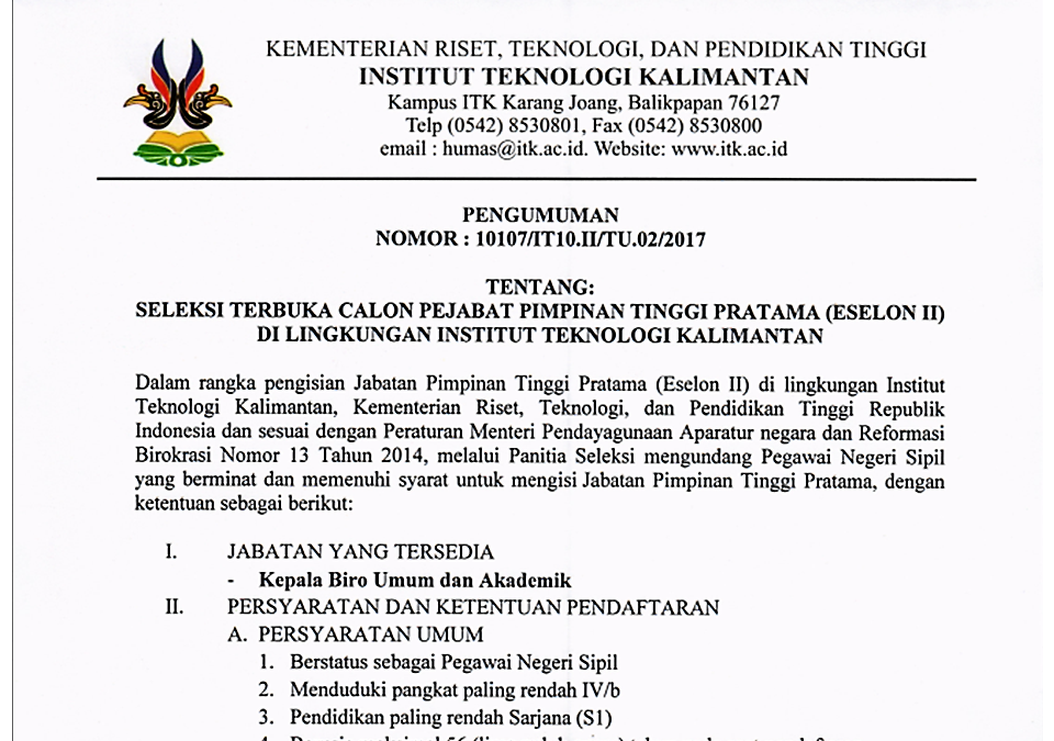 Seleksi Terbuka Jabatan Tinggi Pratama ITK 2017