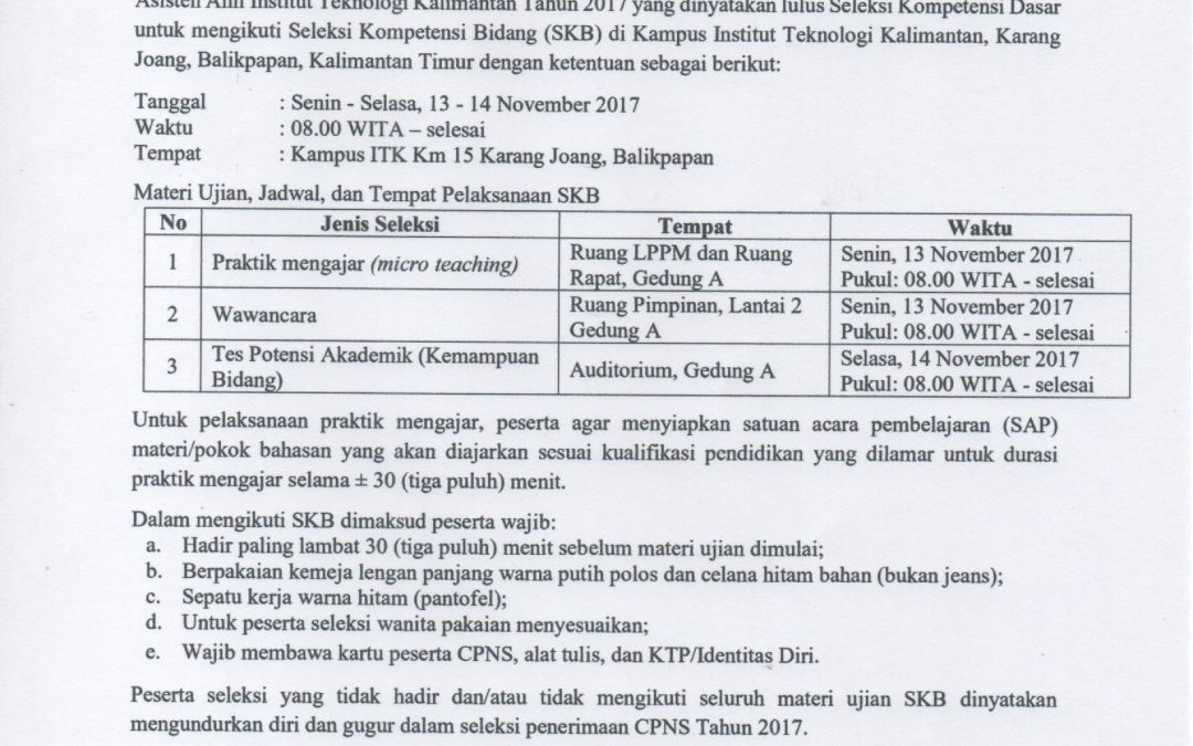 Pelaksanaan Seleksi Kompetensi Bidang (SKB) CPNS ITK Tahun 2017