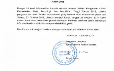 Penundaan Pengumuman Hasil Seleksi Administrasi CPNS Kemenristekdikti 2018