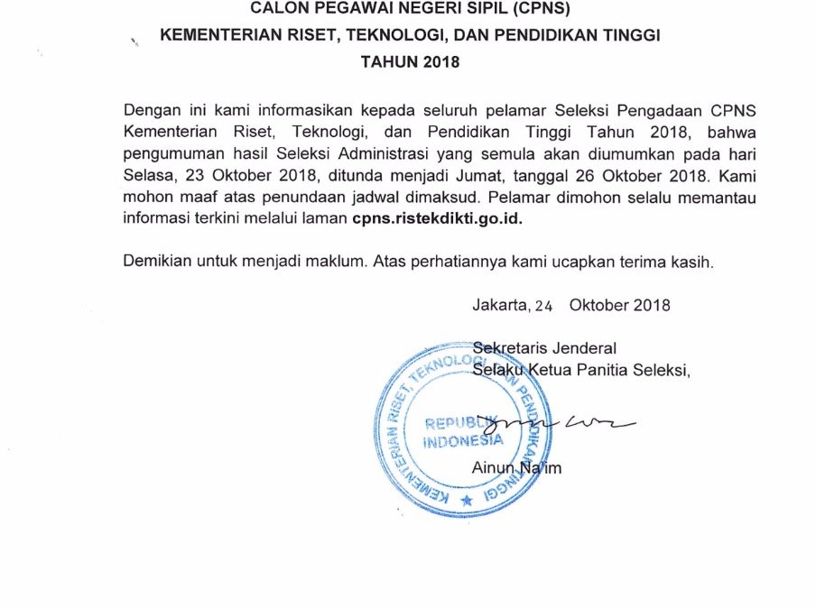 Penundaan Pengumuman Hasil Seleksi Administrasi CPNS Kemenristekdikti 2018