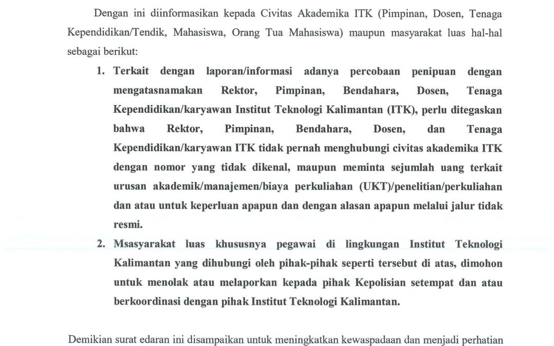 Surat Edaran Waspada Penipuan di Lingkungan Kampus ITK