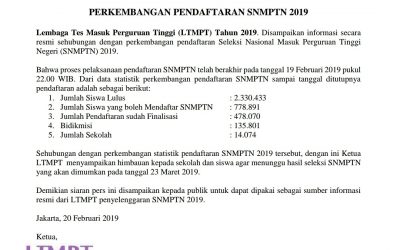 Siaran Pers Perkembangan Pendaftaran SNMPTN 2019