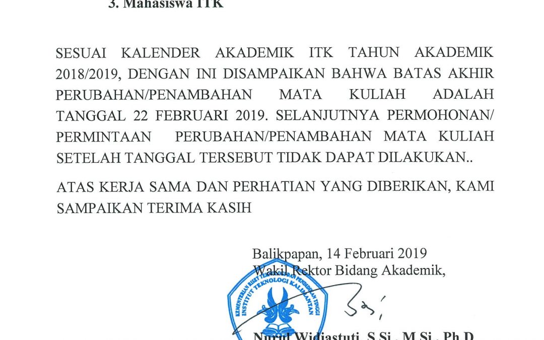 Batas Akhir Perubahan/Penambahan Mata Kuliah Semester Genap TA 2018/2019