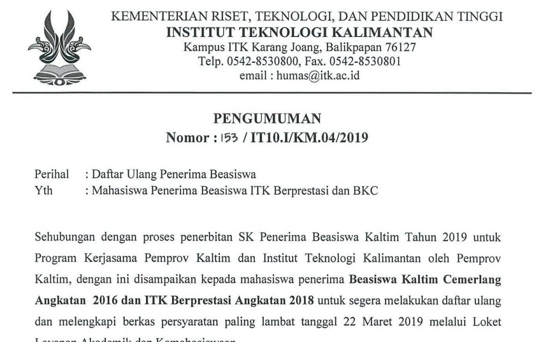 Daftar Ulang Penerima Beasiswa ITK Prestasi dan BKC 2019