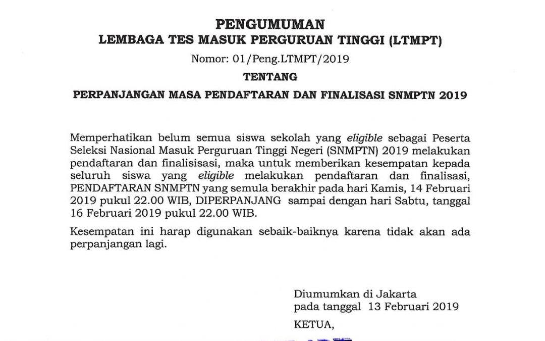 Perpanjangan Masa Pendaftaran SNMPTN Tahun 2019