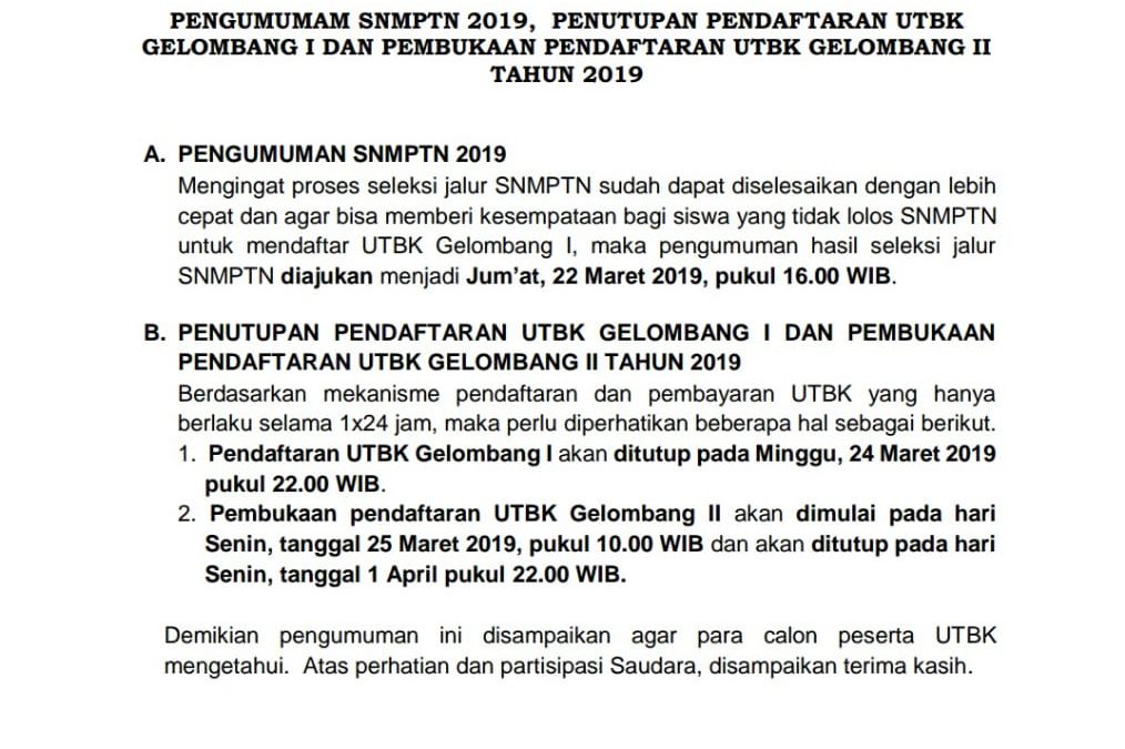 Pengumuman LTMPT Terkait SNMPTN, UTBK Gelombang 1, dan 2 Tahun 2019