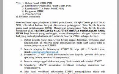 Surat Edaran Tentang Prosedur Penerbitan Nilai Yang Tertunda Bagi Peserta UTBK 2019