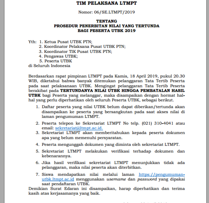 Surat Edaran Tentang Prosedur Penerbitan Nilai Yang Tertunda Bagi Peserta UTBK 2019