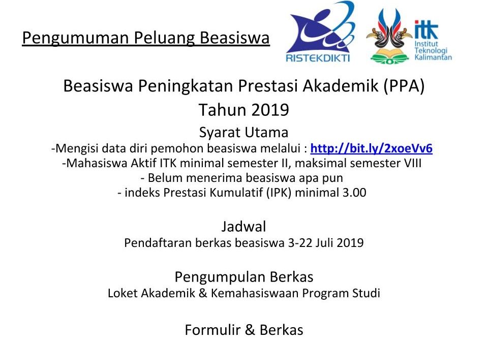 PENGUMUMAN BEASISWA PPA 2019 INSTITUT TEKNOLOGI KALIMANTAN