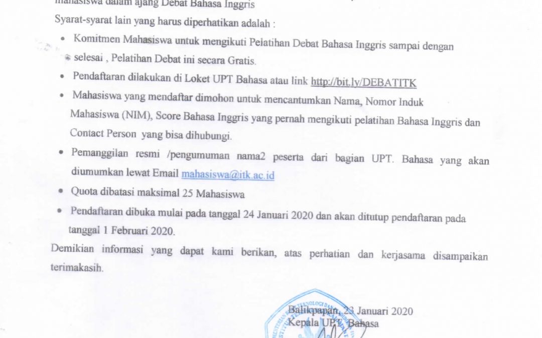 PEMBUKAAN PELATIHAN DEBAT BAHASA INGGRIS 2020