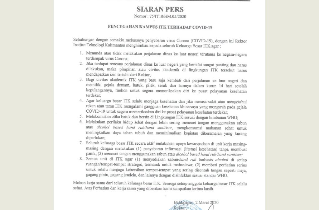 HIMBAUAN REKTOR ITK DALAM MENGHADAPI COVID-19